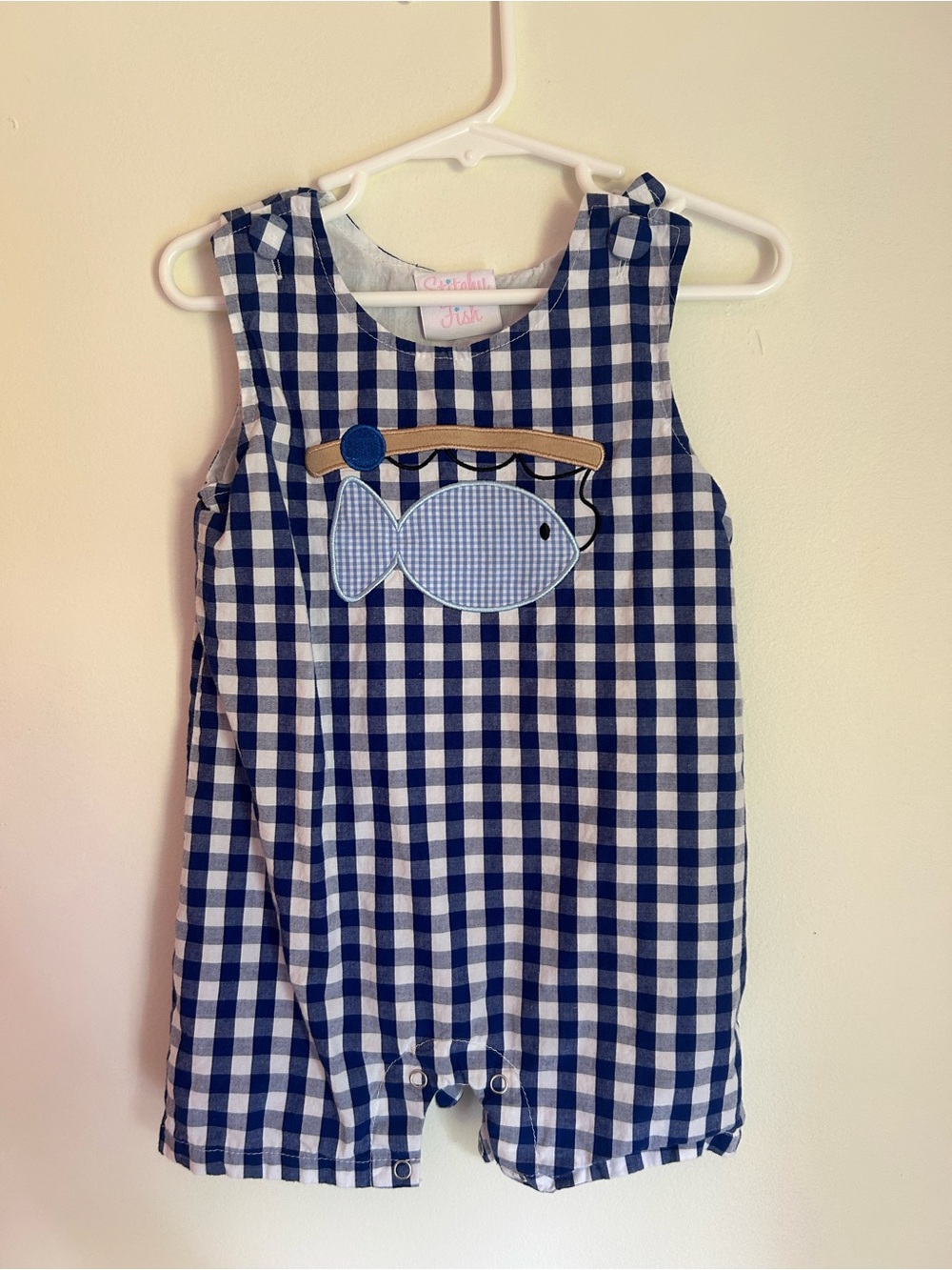 Gingham Fish Applique One-Piece Romper - Navy & White
